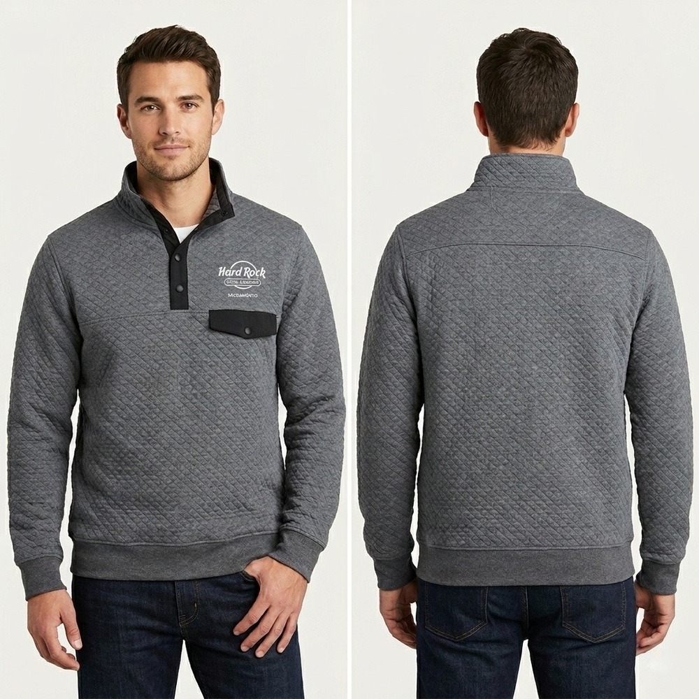 Hard Rock Sacramento Mens XL Quilted Pullover Gray Snap Mock Neck Sweater Jacket